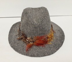 Tweed Herringbone Fedora Hat With Feather Band Wool Blend Gray Multi - $48.85