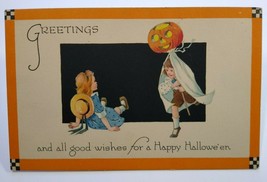 Antique Halloween Postcard Gibson Children Checkered Corners Unused Original - £72.21 GBP