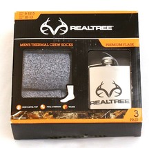 Realtree Edge 3 Pair Gray &amp; Black Thermal Crew Socks &amp; Premium Flask New in Box - £18.03 GBP