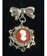 Vtg Antique Gold Tone Lady Cameo Dangling Brooch Pin With Bow Gemstones - $281.31 MXN