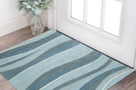 2&#39; X 4&#39; Ocean Blue Teal Hand Tufted Abstract Waves Indoor Accent Rug - $117.76+