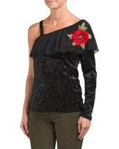 NWOT Women&#39;s One Shoulder Floral Appliqué Velvet Top Size M - £14.93 GBP