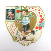 Vintage Valentine Card Die cut Boy Scooter Girl &amp; Doll Window Red Gold UNSIGNED - £6.28 GBP