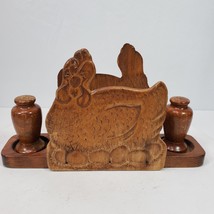 Antique Primitive Hen w/ Eggs Wood Napkin Holder + Salt Pepper Shakers - £66.94 GBP