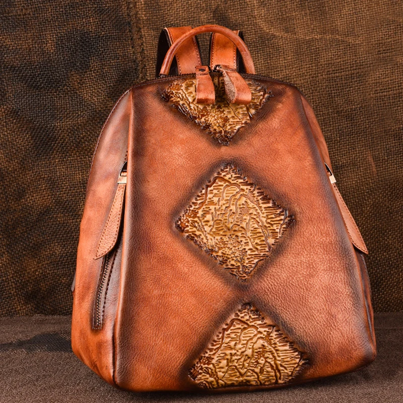 Handmade Retro Embossed Floral Backpack For Women  Cowhide Leather  Women Bag So