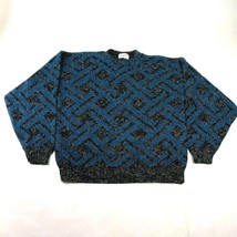 Vintage Elegant Pullover Sweater Jumper Mens M Black Blue Fuzzy Geometric Print - £22.04 GBP