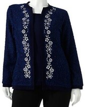 Cathy Daniels Womens L Large Floral Boucle Mock Layer Sweater Top Navy Blue - £31.86 GBP