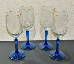 Lenox Wine Glasses Cobalt Blue Stem Clear Swag Draped Bowl Gold Trim 4 Vintage - £25.29 GBP