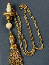 Vintage Goldtone Chain w Long Creamy White &amp; Goldtone Plastic Bead Chain Tassel - £9.02 GBP
