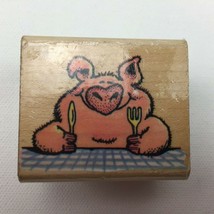 Vintage Pig Out Rubber Mounted Stamp 170E Happy Eating Table Food Piggy Fork 80s - £11.84 GBP