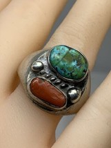 Navajo Sterling silver 925 turquoise coral 14 grams ring size 9.5 - £99.62 GBP