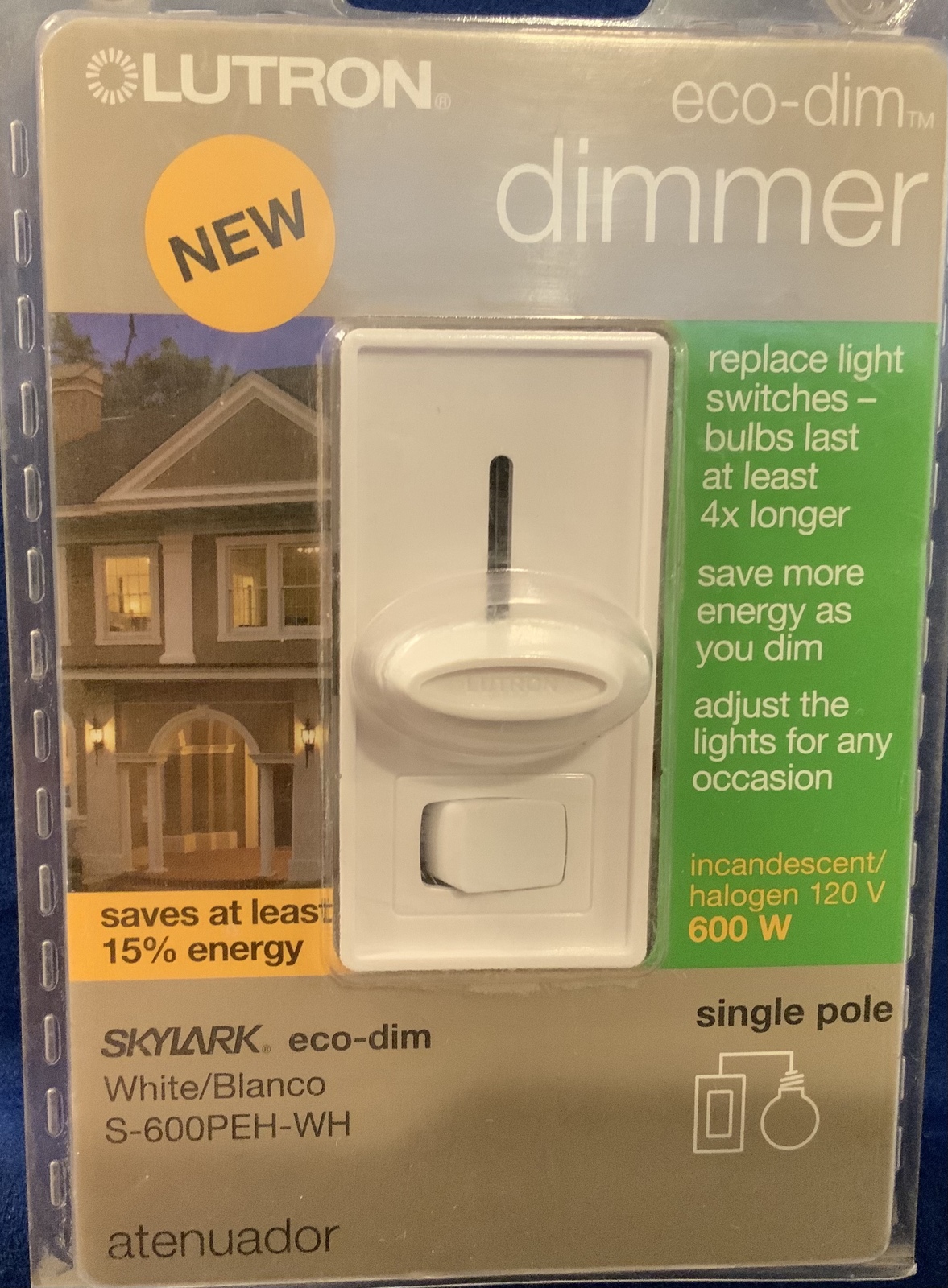 Lutron Skylard eco-dim dimmer, S-600PEH-WH, p/n406 523, UPC 027557282536 - $9.59