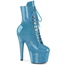 Pleaser ADORE-1020GP Sexy 7&quot; Heel Blue Glitter Lace Up Women&#39;s Ankle Boots - £76.28 GBP