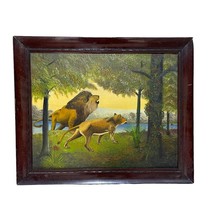 Framed Oil Painting Folk Art Lions in Jungle - $470.95