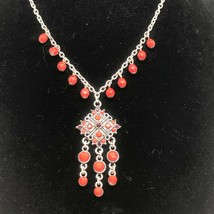 Silvertone &amp; Two Shades of Red Beaded Necklace With Extender - $20.54