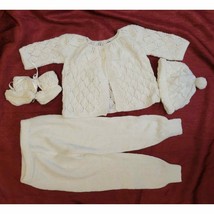 Vintage Handmade Baby Crochet/Knitted White 4 Pc Sweater Booties Beanie ... - £40.96 GBP