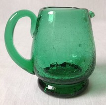 Green Crackle Glass Mini Creamer Pitcher Bud Vase Applied Handle Hand Blown - £18.83 GBP