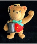 Vintage Teddy Bear Ornament Brown Flocked w Red Vest &amp; Black Top Hat - $166.60 MXN