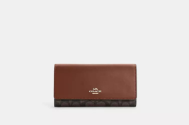 New Coach C5966 Slim Trifold Wallet in Signature Canvas Brown / Redwood - £82.58 GBP