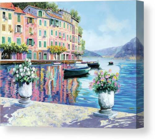 Framed canvas art print giclée Portofino Italy Pink Light blue Lake boat - $17.82 - $43.56