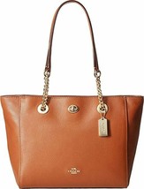 COACH NY 57107 TURLOCK GOLD CHAIN SADDLE BROWN LEATHER SHOULDER TOTE BAG... - $237.59