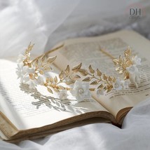 Gold Leaf Crown Tiara, Gold Bridal Tiara With Porcelain Flowers and Faux... - $60.20 CAD