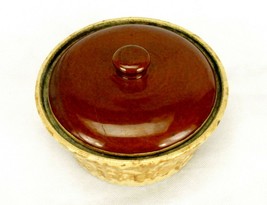 Vintage 6&quot; Ceramic Covered Baking Dish, Brown Sponge Pennsylvania Yellow Ware - £19.33 GBP