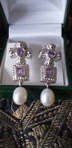 Antique Vintage 1950-s Amethyst and |Natural Pearl Sterling Silver Drop ... - £108.10 GBP