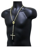 Mens Iced Rosary Necklace Cluster Cross Pendant 14k Gold Plated Cz Chain... - £14.11 GBP