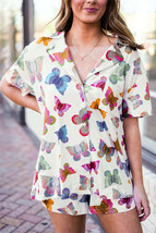 Multicolour Butterfly Pattern Short Sleeve Shirt Pajamas Set - £38.60 GBP