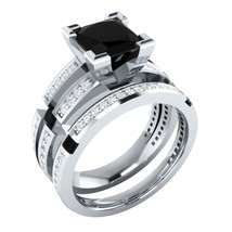 Engagement Ring Set 2.85Ct Princess Cut Black Moissanite 14k White Gold ... - £224.36 GBP