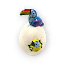 Tonala Pottery Hatched Egg Bird Blue Toucan Yellow Parrot Hand Painted 231 - £11.60 GBP