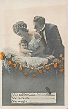 NEW PARENTS HOLD BABY~BIRTH ANNOUNCEMENT FOR GIRL~1910s POSTCARD  - £5.10 GBP