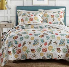 3pc. Shells Starfish Oceanic Beach Queen Size Multicolored Bedspread Quilt Set - £161.45 GBP