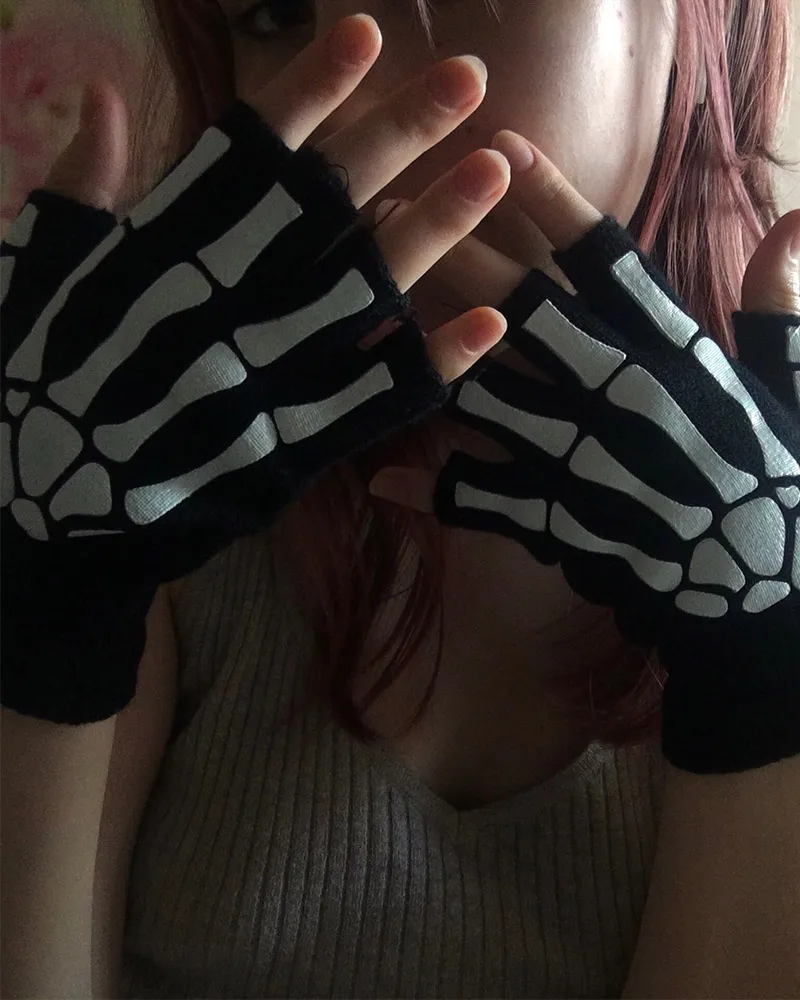 Nk gloves unia halloween a skull half finger gloves glow in the dark fingerless stretch thumb200
