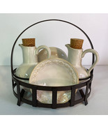 Set of Pottery Barn Oil &amp; Vinegar Cruets, 4 Dipping Plates and Metal Caddy - $560.66 MXN