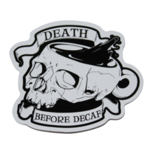Death Before Decaf Skull Mug Coffee Black White Sticker - £1.76 GBP