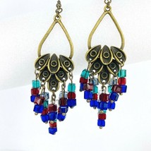 Cluster Crystal Drop Dangle Earrings Red Blue Green Antique Gold Tone Chandelier - £23.97 GBP