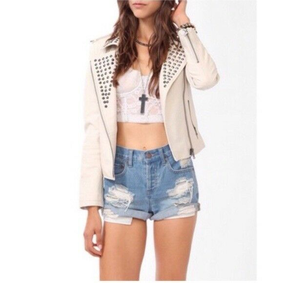 Customized Women's Beige Color Premium Leather Silver Studded Handcrafted Jacket