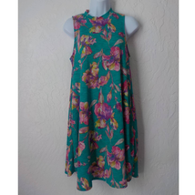 Envy Green Floral A-Line Dress Sleeveless Mock Neck Pullover Pockets Women Small - £11.66 GBP