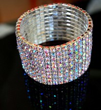 Rhinestone Bracelet Stretch, AB 10 Row Bracelet, Crystal Pageant Prom Jewelry, B - £29.40 GBP