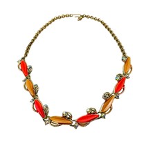 Vintage 60s Coral Orange Beaded Rhinestone Necklace MCM 18&quot; Gold Tone Unsigned - £22.14 GBP