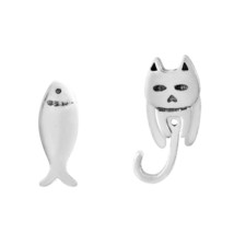 Creative Sneaky Cat and Fish Sterling Silver Mismatched Stud Earrings - £8.19 GBP