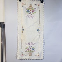 Vintage Linen table runner Doily Embroidered Scalloped edge sunflower basket - $14.85