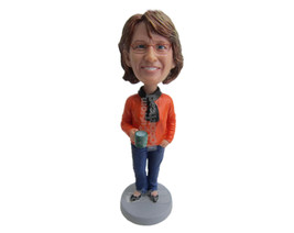 Custom Bobblehead Lovely Lady In Latest Fashion With A Cup In Hand And Scarf Aro - £65.37 GBP