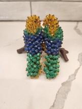 Vintage Pair Of Yellow Green Blue Parrots Birds Sitting On A Plastic Log Perch - £17.35 GBP