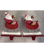 2 Vtg Santa in Sleigh Christmas Stocking Hanger Holder Cast Iron Base Heavy - £18.64 GBP