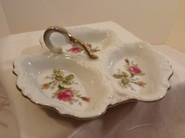 Vintage Floral Nappy or Candy/ Nut/ Trinket/ Serving Dish Gold Trim &amp; Ha... - £15.80 GBP