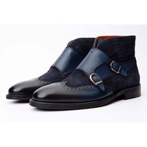 The Albus Navy Blue Leather & Suede Double Strap Monk Brogue Men Boot image 2