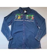 Christopher Radko Bellepointe Button Down Denim Shirt SANTAS Around Worl... - $34.24 CAD